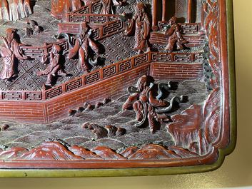 A pair of Chinese black and red cinnabar lacquer square dishes, Qianlong mark and of the period